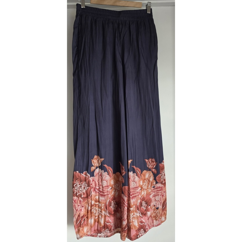 Elie Tahari Pants Size S Floral Navy Blue Wide Leg Trousers Flowy Slacks